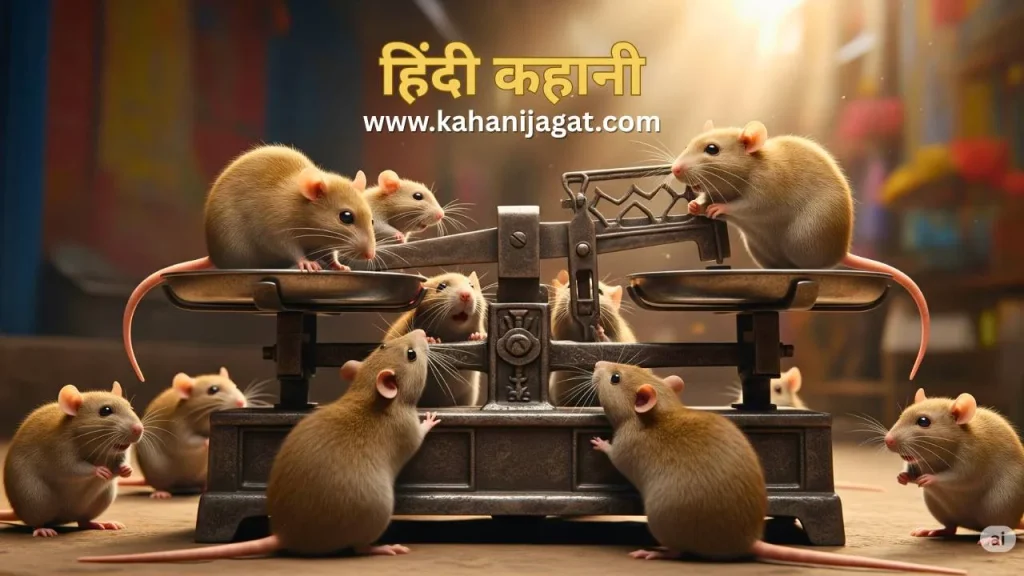 A comical scene of rats nibbling at a large iron weighing scale
