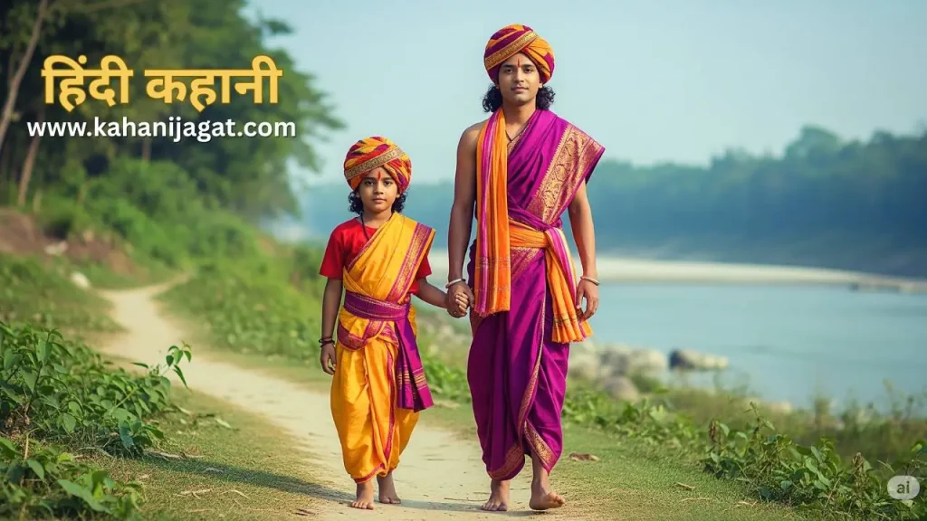 Srimanta and Dharmapal's son walking towards a river